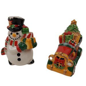 Fitz And Floyd Christmas Holiday Salt Pepper Shaker Snowman Car Gifts Tree
